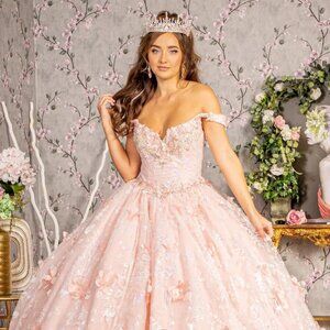 New Off Shoulder Mesh Layered Ball Gown w/ Floral Applique & Lace Up Back GL3183